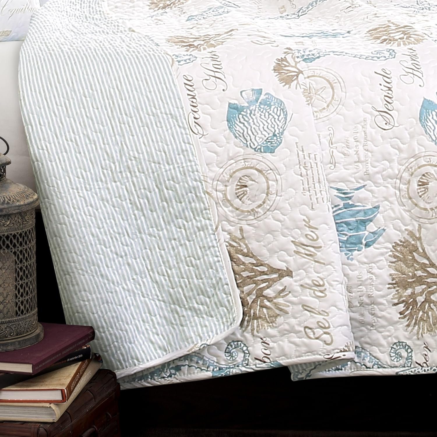 Lush Decor Harbor Life Reversible 7-Piece Quilt Set for Full/Queen, Blue & Taupe - Nautical Striped Quilt with Sea Life Design - Coastal Bedding Complete with Throw Pillows - Beach-Themed Bedroom Decor 3 1728595986 110 Lush Decor Harbor Life Reversible 7 Piece Quilt Set for FullQueen