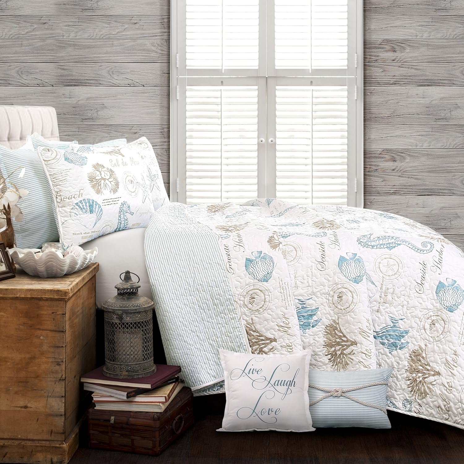 Lush Decor Harbor Life Reversible 7-Piece Quilt Set for Full/Queen, Blue & Taupe - Nautical Striped Quilt with Sea Life Design - Coastal Bedding Complete with Throw Pillows - Beach-Themed Bedroom Decor 2 1728595986 64 Lush Decor Harbor Life Reversible 7 Piece Quilt Set for FullQueen