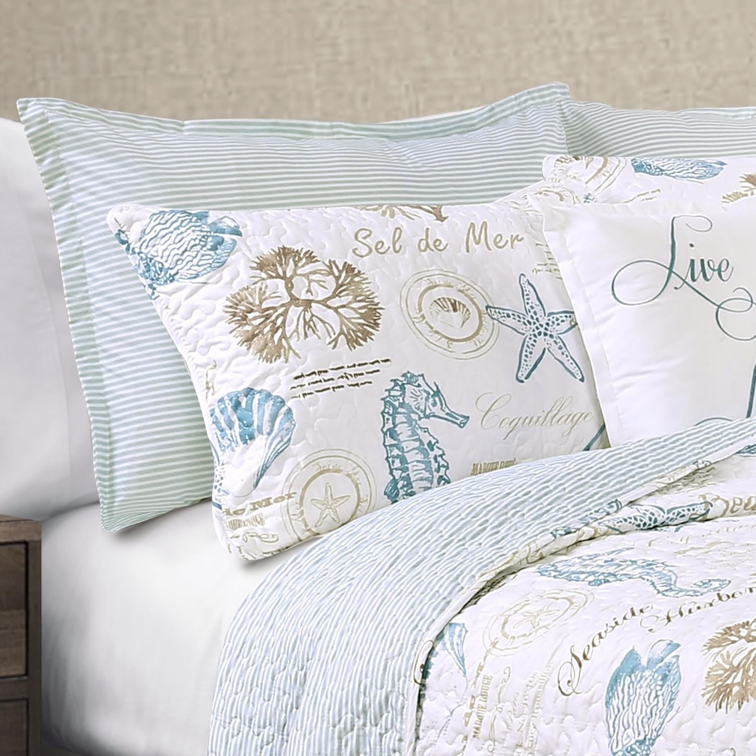 Lush Decor Harbor Life Reversible 7-Piece Quilt Set for Full/Queen, Blue & Taupe - Nautical Striped Quilt with Sea Life Design - Coastal Bedding Complete with Throw Pillows - Beach-Themed Bedroom Decor 4 1728595986 712 Lush Decor Harbor Life Reversible 7 Piece Quilt Set for FullQueen