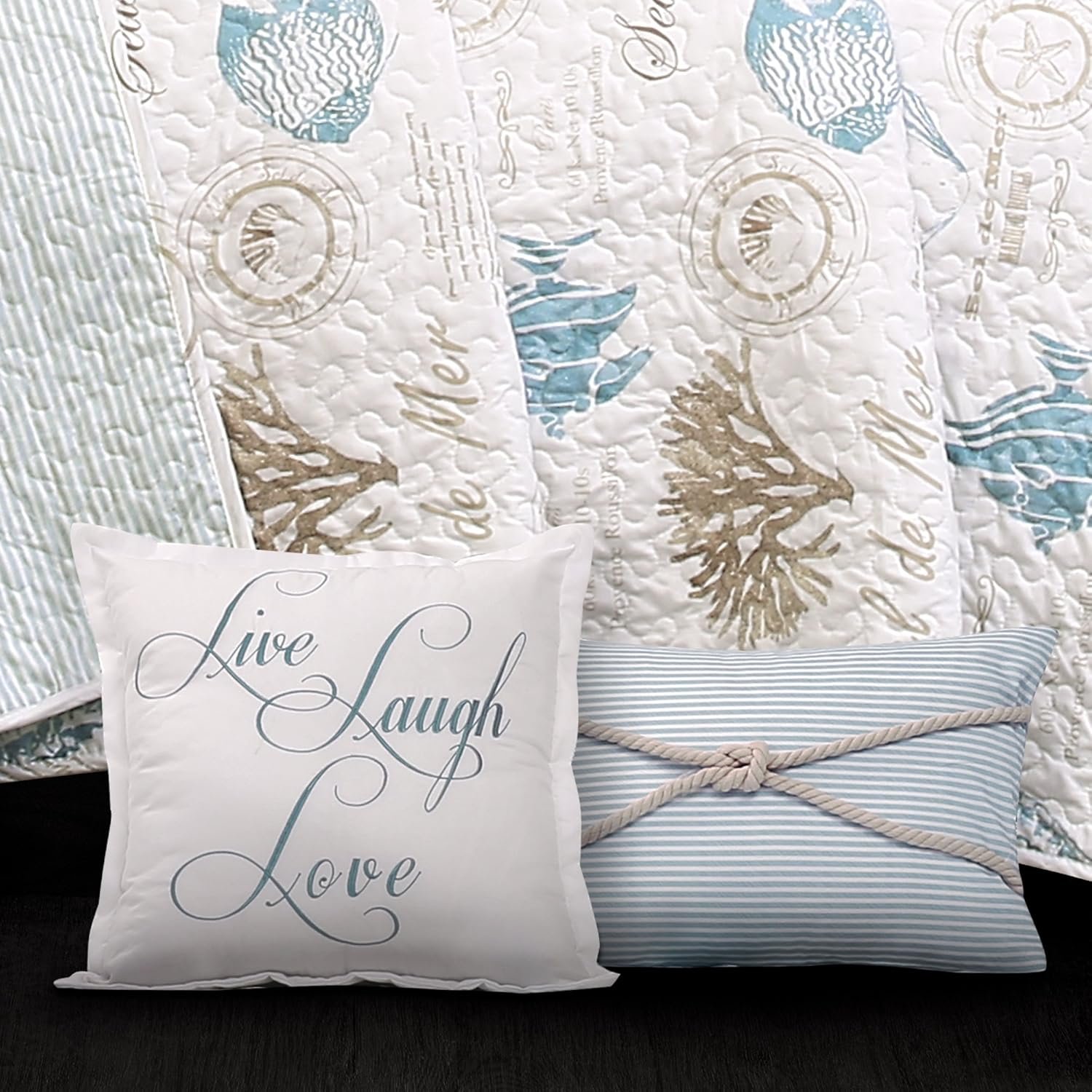 Lush Decor Harbor Life Reversible 7-Piece Quilt Set for Full/Queen, Blue & Taupe - Nautical Striped Quilt with Sea Life Design - Coastal Bedding Complete with Throw Pillows - Beach-Themed Bedroom Decor 5 1728595987 884 Lush Decor Harbor Life Reversible 7 Piece Quilt Set for FullQueen