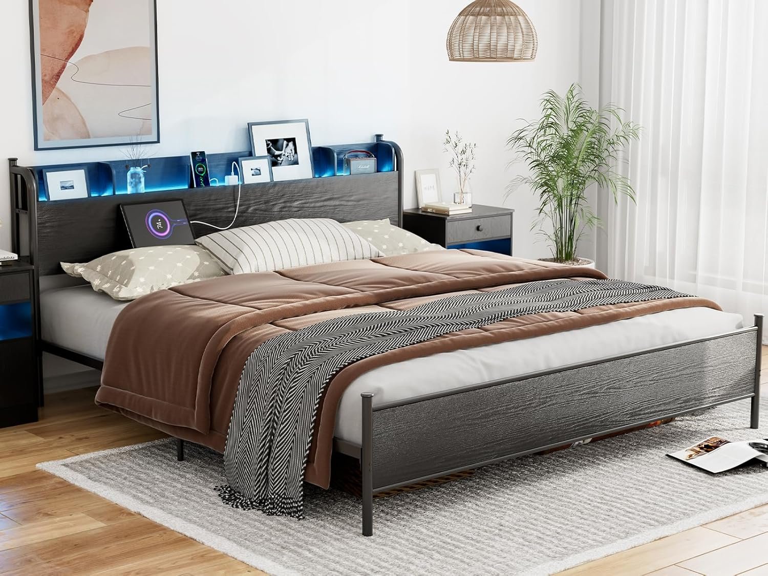 1728656209 961 IKIFLY California King Bed Frame with Wood Storage Headboard