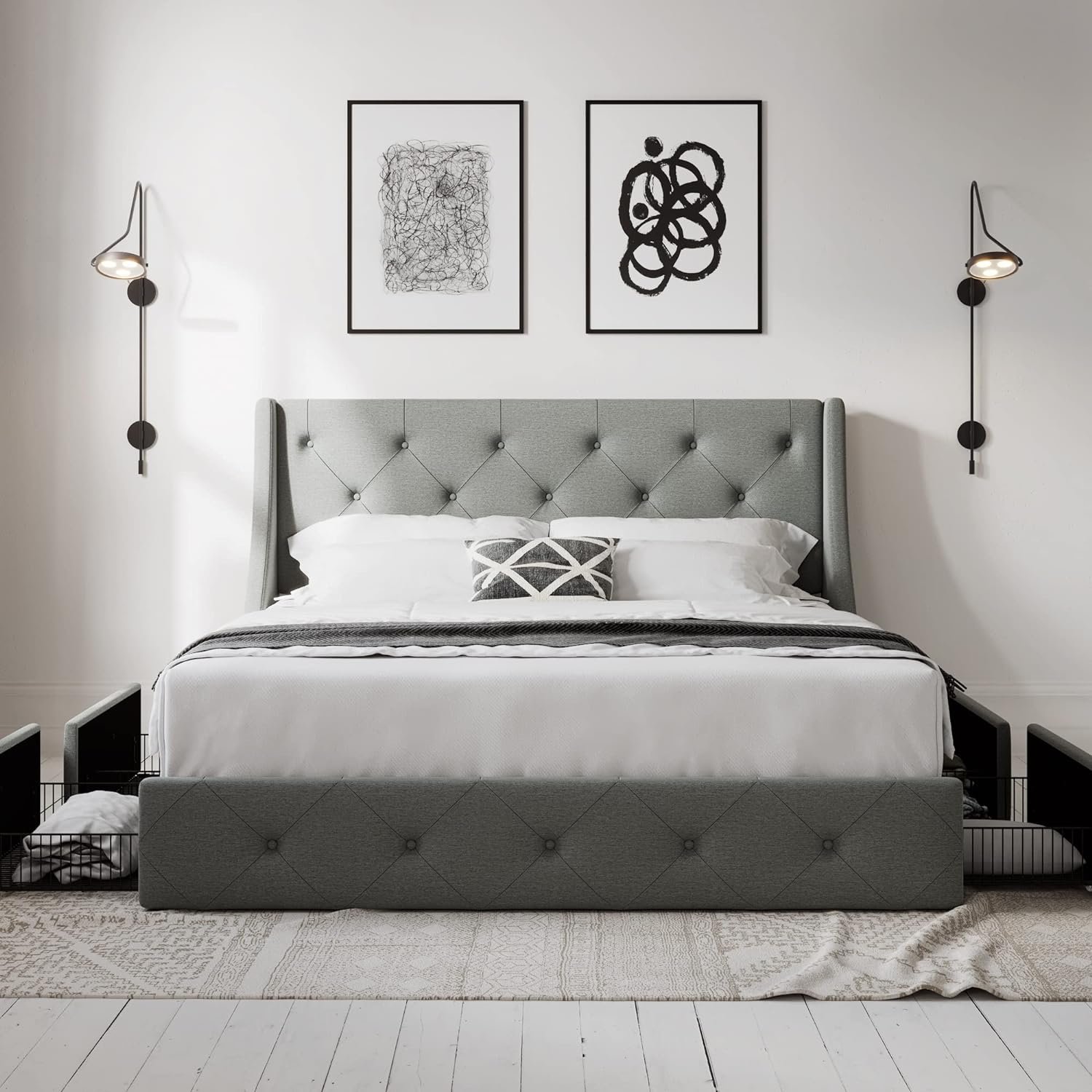 1728665595 723 Allewie Light Grey Queen Bed Frame with Wingback Headboard Button