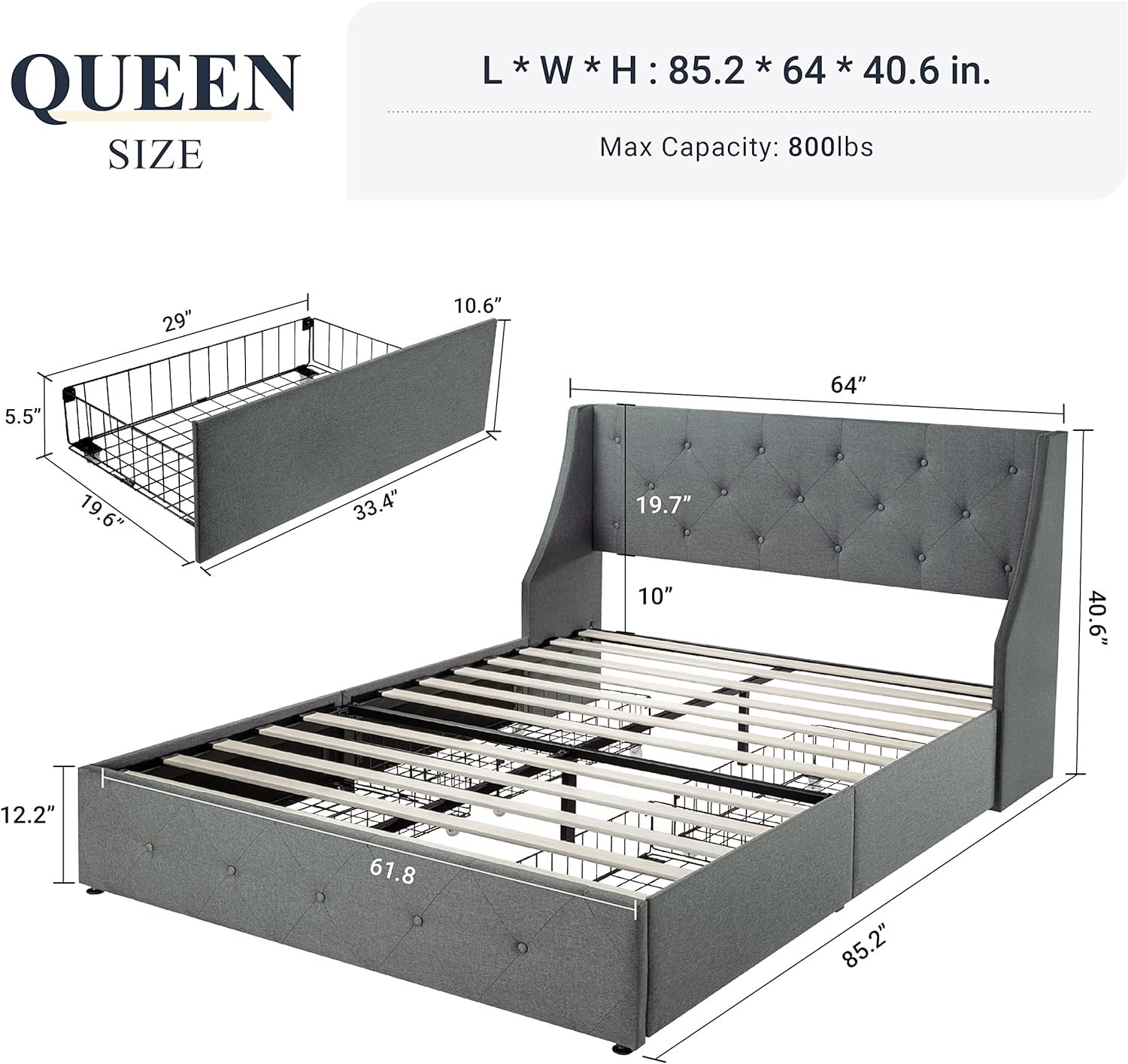 1728665596 763 Allewie Light Grey Queen Bed Frame with Wingback Headboard Button