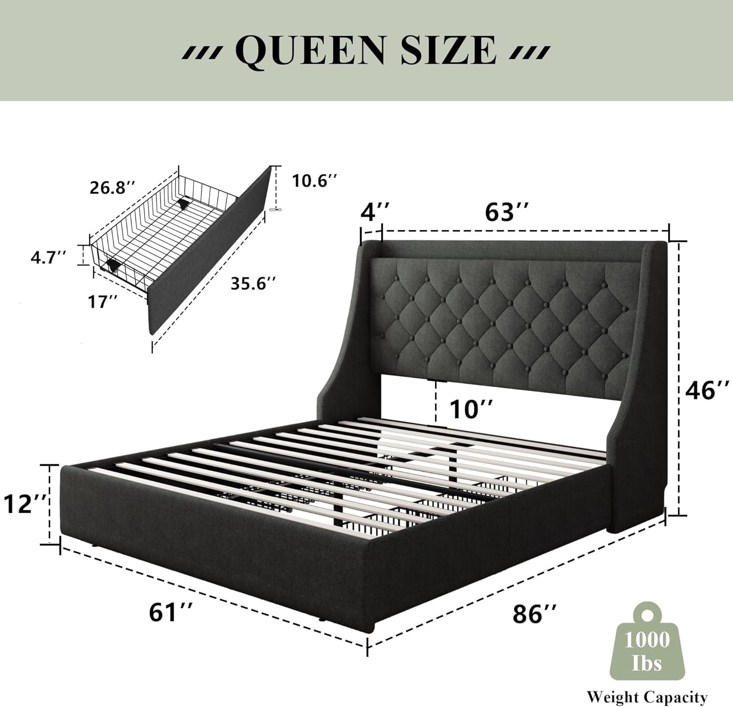 1728675471 600 Feonase Upholstered Queen Bed Frame with 4 Storage Drawers and