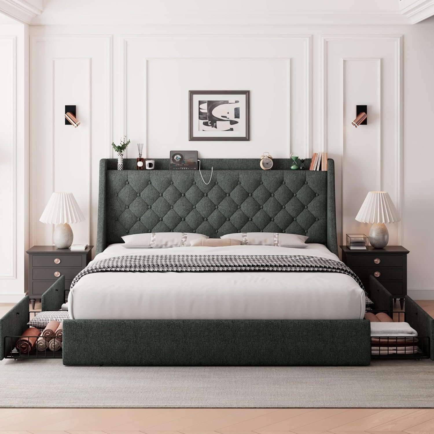 1728675471 867 Feonase Upholstered Queen Bed Frame with 4 Storage Drawers and