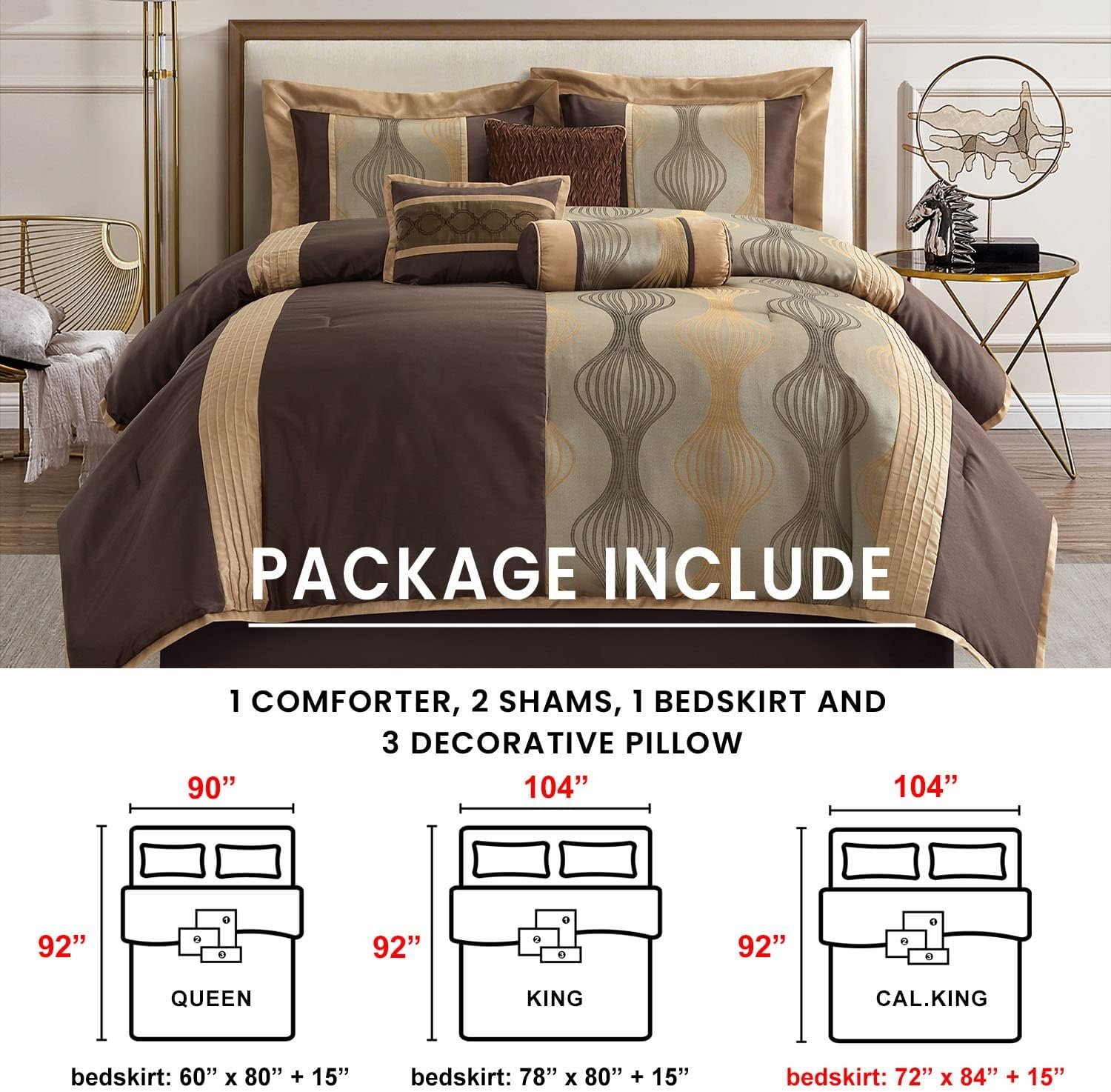 1728691332 47 Grand Avenue Elegant Brown 7 Piece Queen Comforter Set Striped