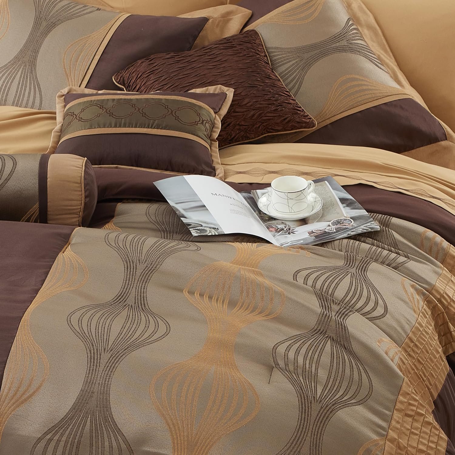 1728691332 50 Grand Avenue Elegant Brown 7 Piece Queen Comforter Set Striped