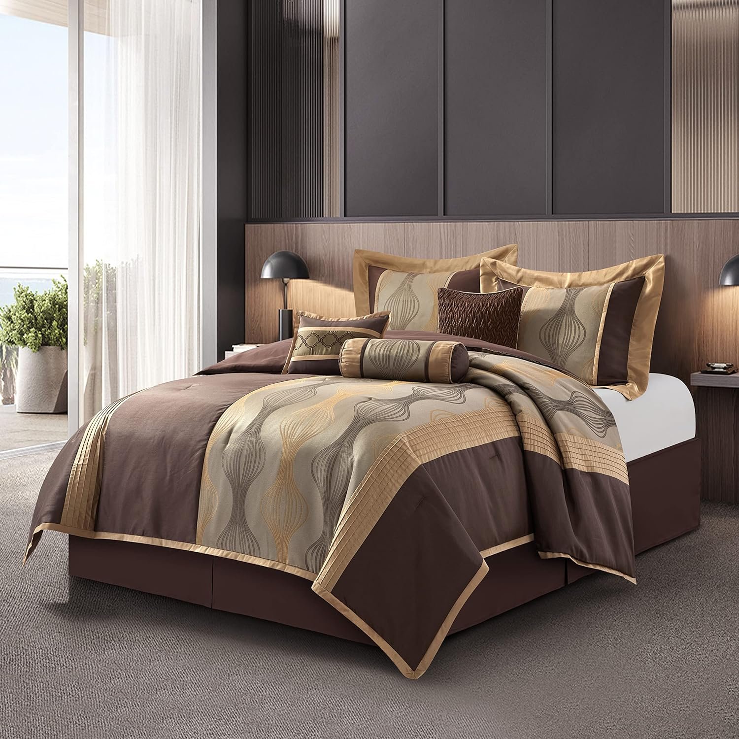 1728691332 687 Grand Avenue Elegant Brown 7 Piece Queen Comforter Set Striped