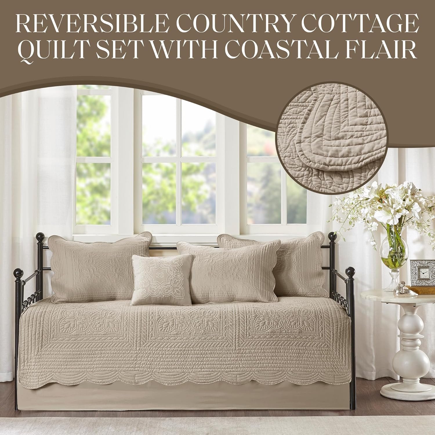 Madison Park Tuscany 6-Piece Daybed Cover Set - Damask Quilted All-Season Bedding with Scalloped Edge, Shams, Bedskirt, and Decorative Pillows in Khaki Cotton-Filled Fabric 2 1728729931 267 Madison Park Tuscany 6 Piece Daybed Cover Set Damask Quilted