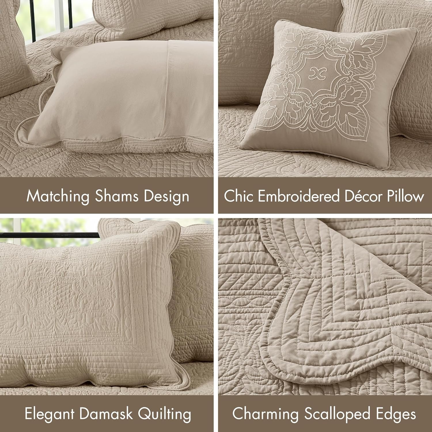 Madison Park Tuscany 6-Piece Daybed Cover Set - Damask Quilted All-Season Bedding with Scalloped Edge, Shams, Bedskirt, and Decorative Pillows in Khaki Cotton-Filled Fabric 5 1728729932 250 Madison Park Tuscany 6 Piece Daybed Cover Set Damask Quilted