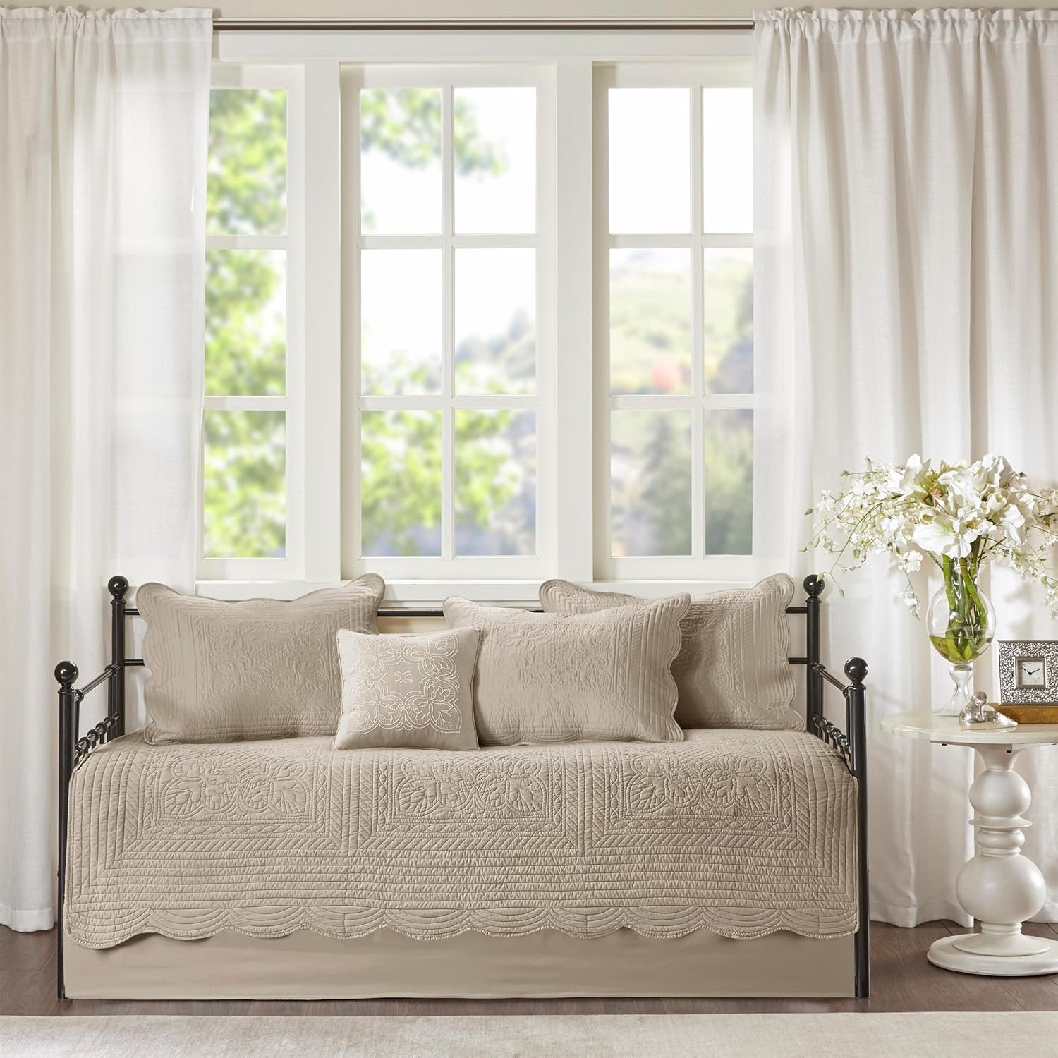 Madison Park Tuscany 6-Piece Daybed Cover Set - Damask Quilted All-Season Bedding with Scalloped Edge, Shams, Bedskirt, and Decorative Pillows in Khaki Cotton-Filled Fabric 4 1728729932 571 Madison Park Tuscany 6 Piece Daybed Cover Set Damask Quilted