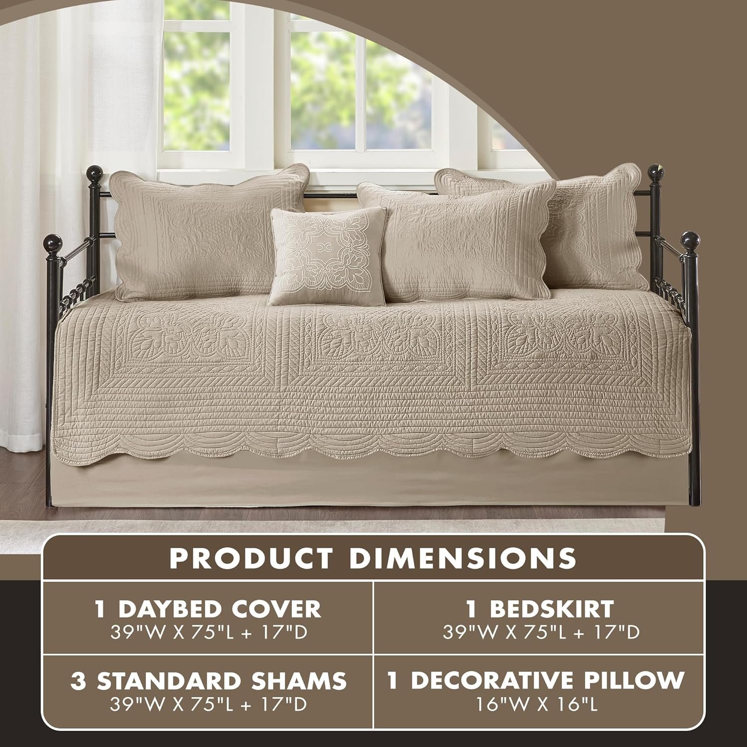 Madison Park Tuscany 6-Piece Daybed Cover Set - Damask Quilted All-Season Bedding with Scalloped Edge, Shams, Bedskirt, and Decorative Pillows in Khaki Cotton-Filled Fabric 6 1728729932 684 Madison Park Tuscany 6 Piece Daybed Cover Set Damask Quilted