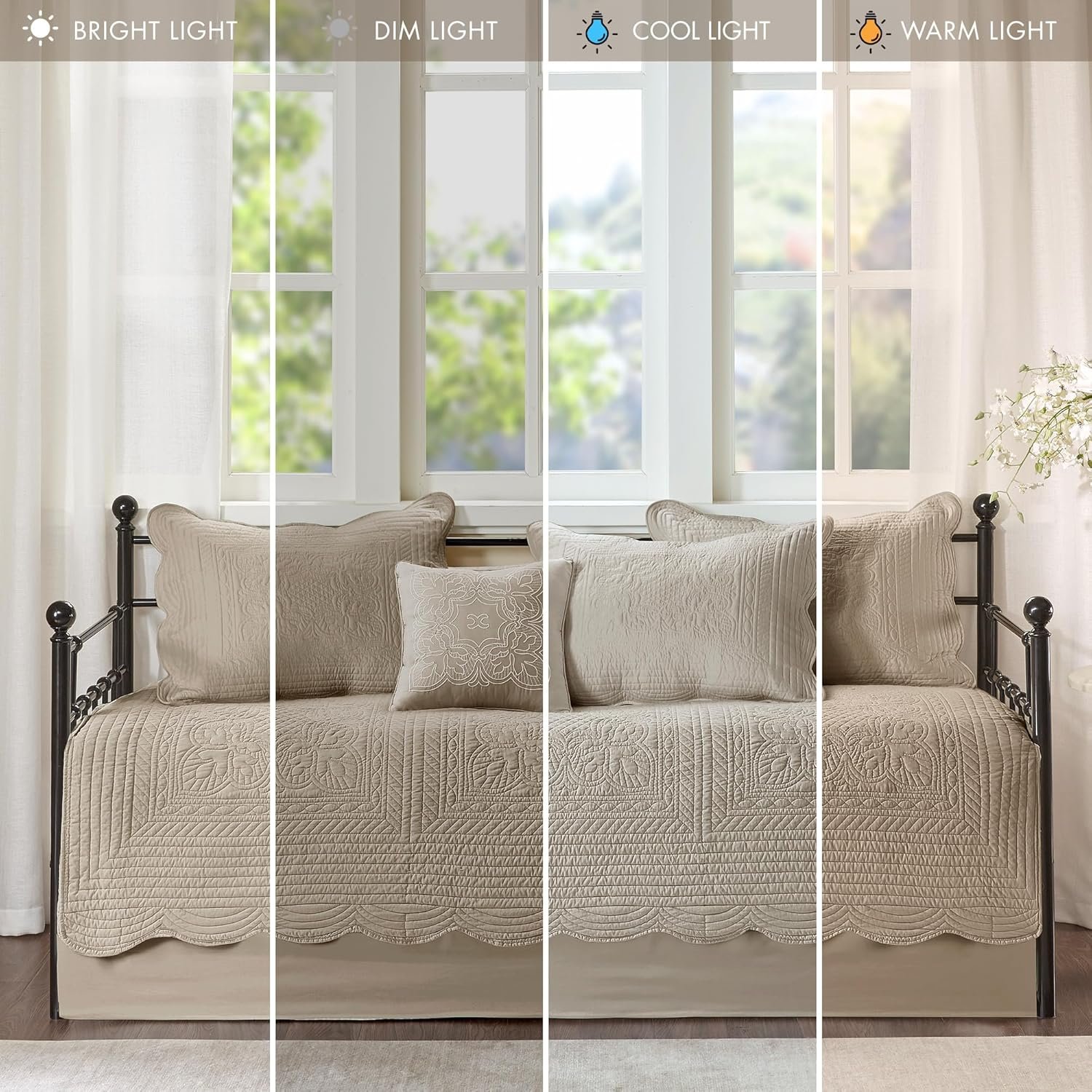 Madison Park Tuscany 6-Piece Daybed Cover Set - Damask Quilted All-Season Bedding with Scalloped Edge, Shams, Bedskirt, and Decorative Pillows in Khaki Cotton-Filled Fabric 7 1728729933 902 Madison Park Tuscany 6 Piece Daybed Cover Set Damask Quilted