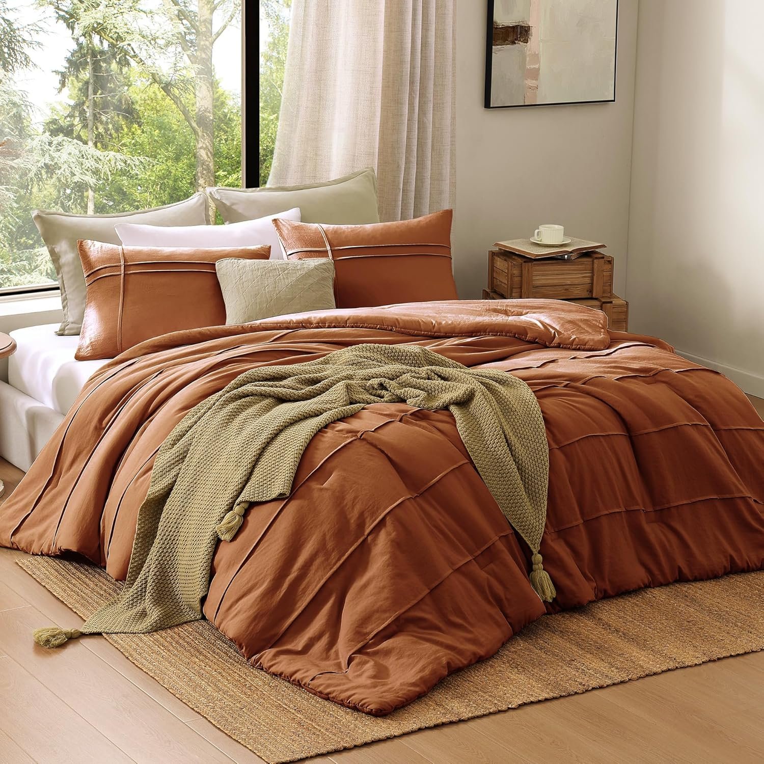 1728854821 31 Burnt Orange King Comforter Set Pinch Pleat 3 Piece Bedding