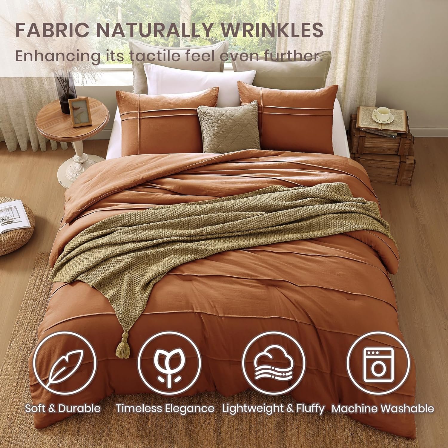 1728854821 651 Burnt Orange King Comforter Set Pinch Pleat 3 Piece Bedding
