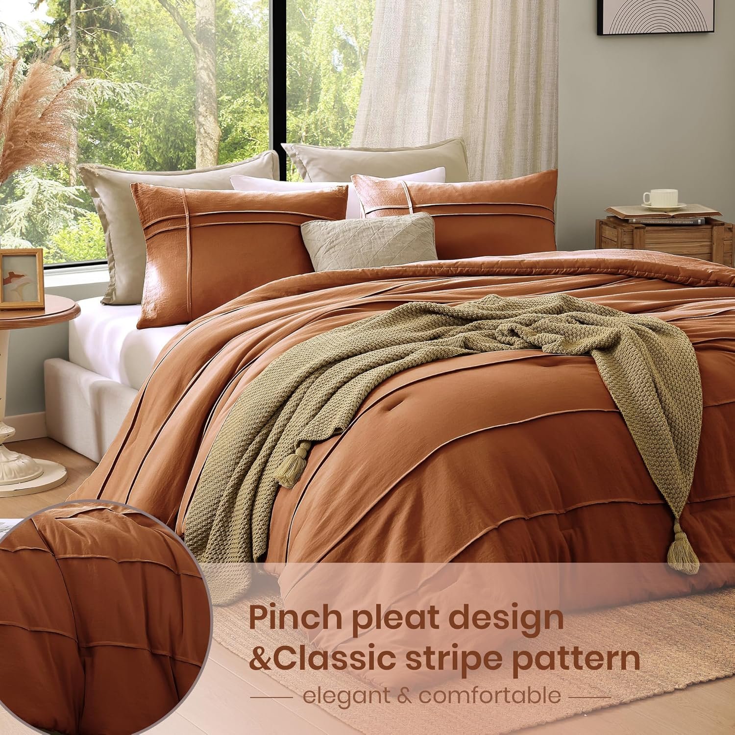 1728854821 797 Burnt Orange King Comforter Set Pinch Pleat 3 Piece Bedding