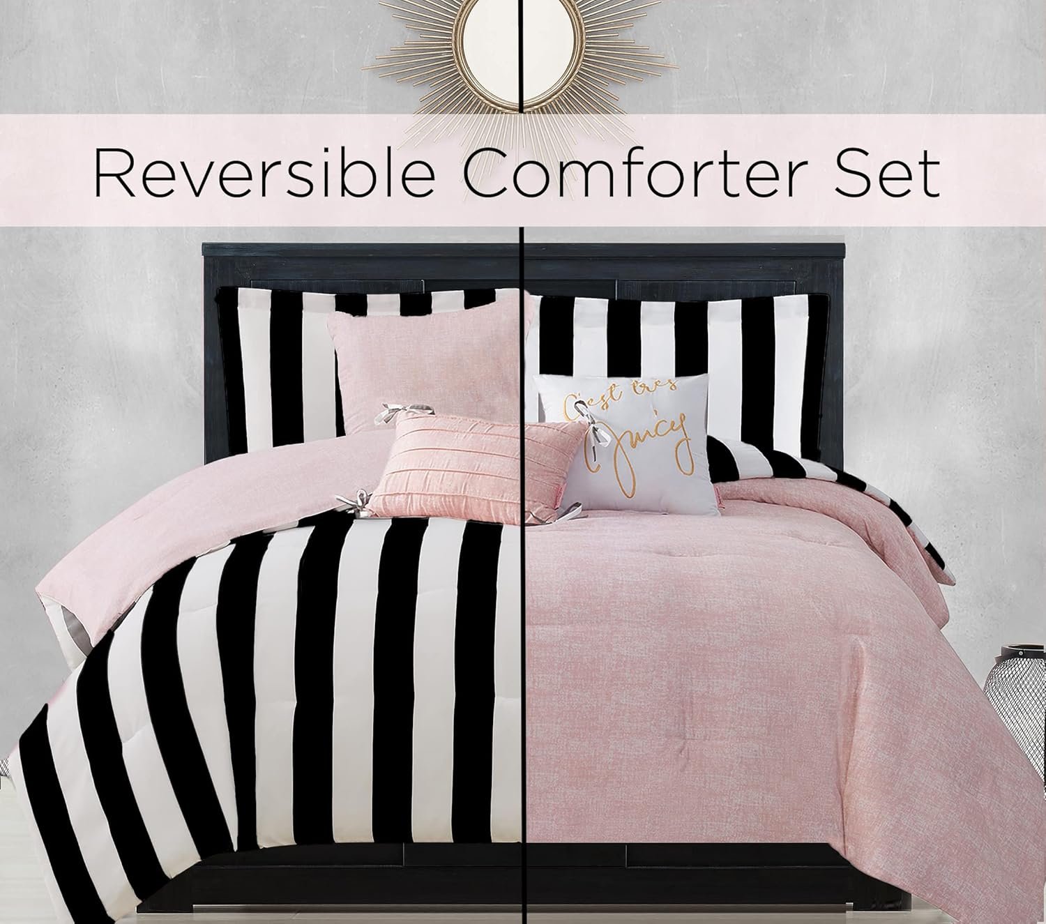 Juicy Couture JYZ010171 Cabana Stripe 6-Piece Reversible Bedding Set, King Size, Black Cabana Stripe 5 1728890213 545 Juicy Couture JYZ010171 Cabana Stripe 6 Piece Reversible Bedding Set King