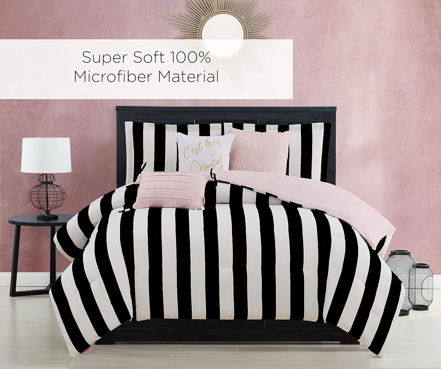 Juicy Couture JYZ010171 Cabana Stripe 6-Piece Reversible Bedding Set, King Size, Black Cabana Stripe 4 1728890213 710 Juicy Couture JYZ010171 Cabana Stripe 6 Piece Reversible Bedding Set King