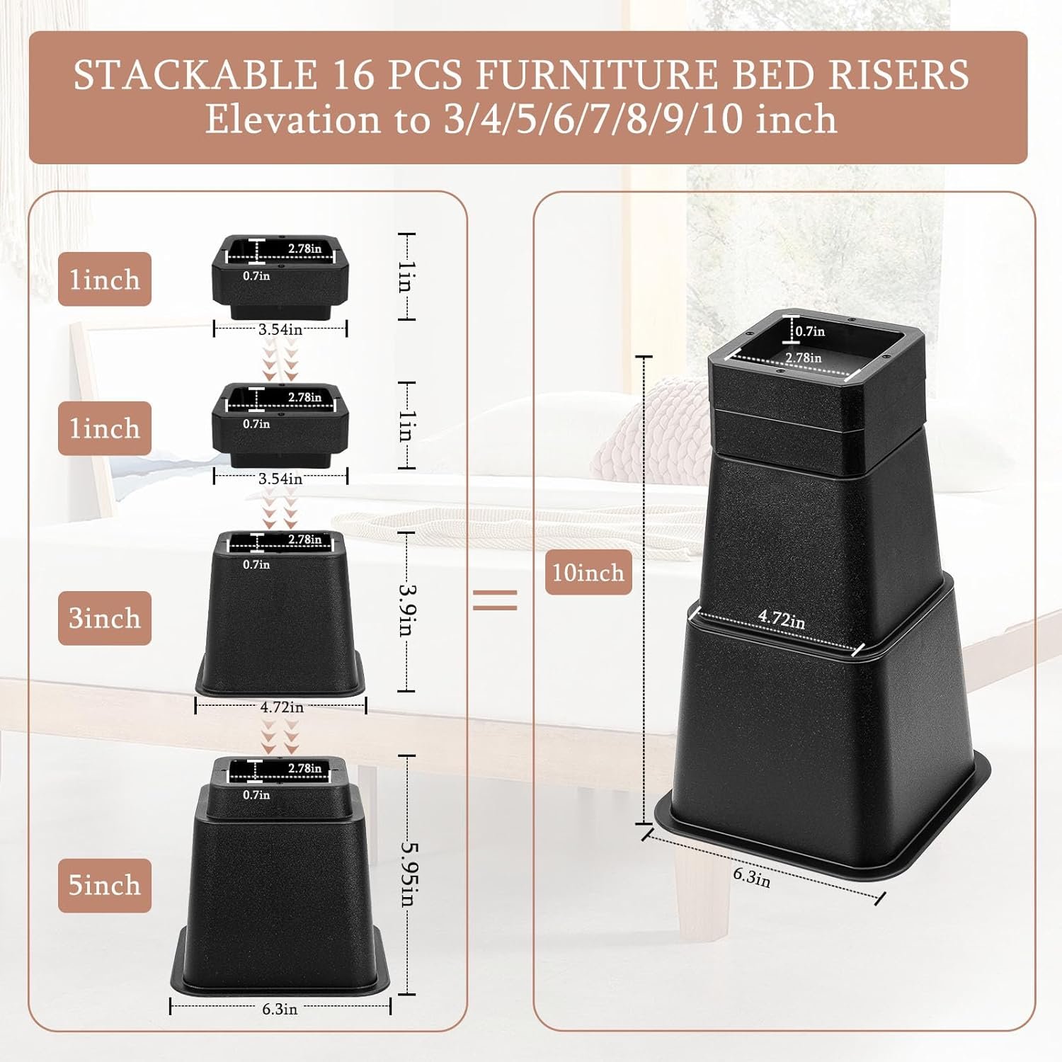 16-Piece Heavy-Duty Adjustable Bed Risers - Elevate Furniture Up to 10 Inches (3, 4, 5, 6, 7, 8, 9, or 10 Inch Options) for Couch, Sofa, Table, Chair – Supports Up to 6,000 lbs, Black 2 1728956938 796 16 Piece Heavy Duty Adjustable Bed Risers Elevate Furniture Up to