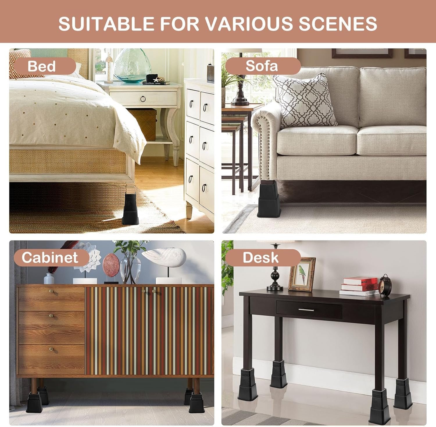 16-Piece Heavy-Duty Adjustable Bed Risers - Elevate Furniture Up to 10 Inches (3, 4, 5, 6, 7, 8, 9, or 10 Inch Options) for Couch, Sofa, Table, Chair – Supports Up to 6,000 lbs, Black 6 1728956939 379 16 Piece Heavy Duty Adjustable Bed Risers Elevate Furniture Up to