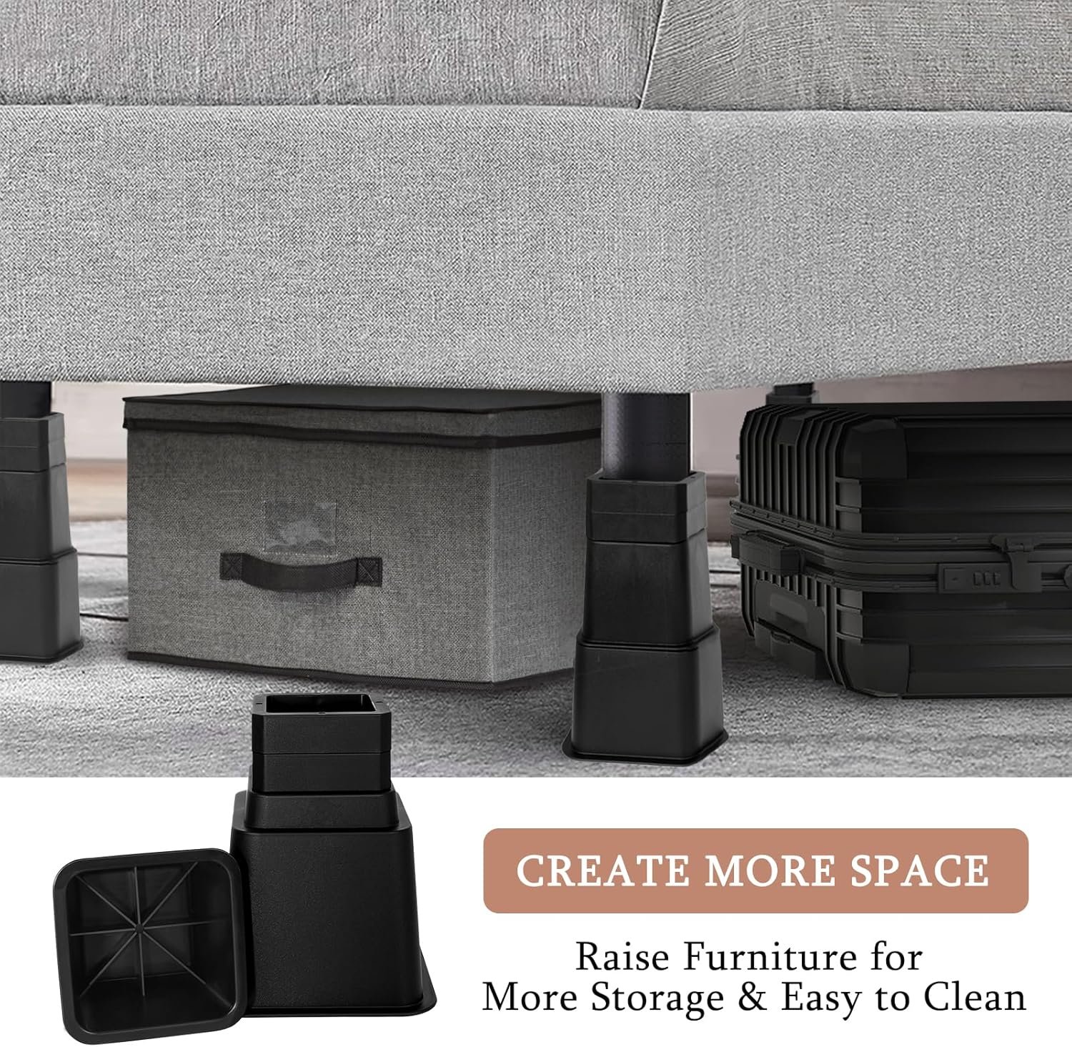 16-Piece Heavy-Duty Adjustable Bed Risers - Elevate Furniture Up to 10 Inches (3, 4, 5, 6, 7, 8, 9, or 10 Inch Options) for Couch, Sofa, Table, Chair – Supports Up to 6,000 lbs, Black 4 1728956939 437 16 Piece Heavy Duty Adjustable Bed Risers Elevate Furniture Up to