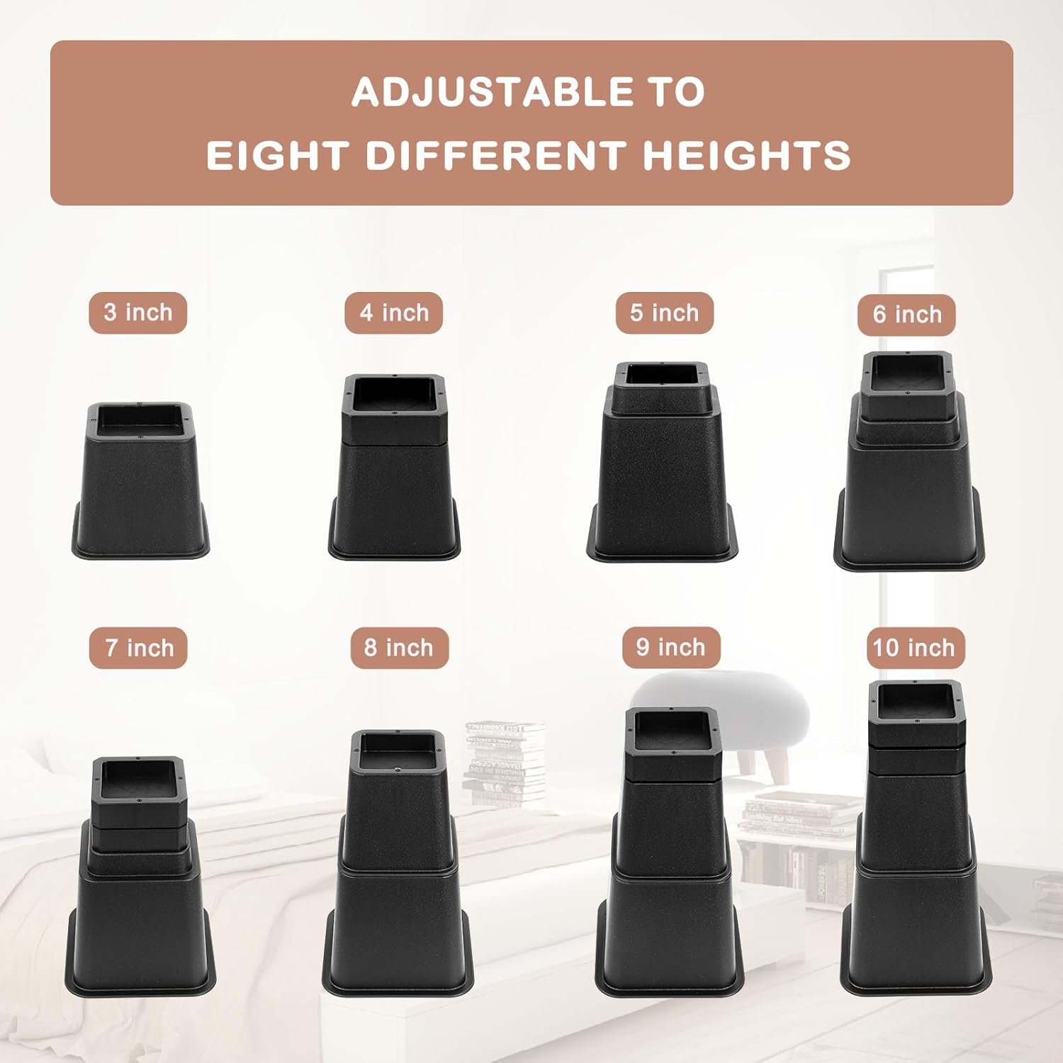 16-Piece Heavy-Duty Adjustable Bed Risers - Elevate Furniture Up to 10 Inches (3, 4, 5, 6, 7, 8, 9, or 10 Inch Options) for Couch, Sofa, Table, Chair – Supports Up to 6,000 lbs, Black 5 1728956939 683 16 Piece Heavy Duty Adjustable Bed Risers Elevate Furniture Up to