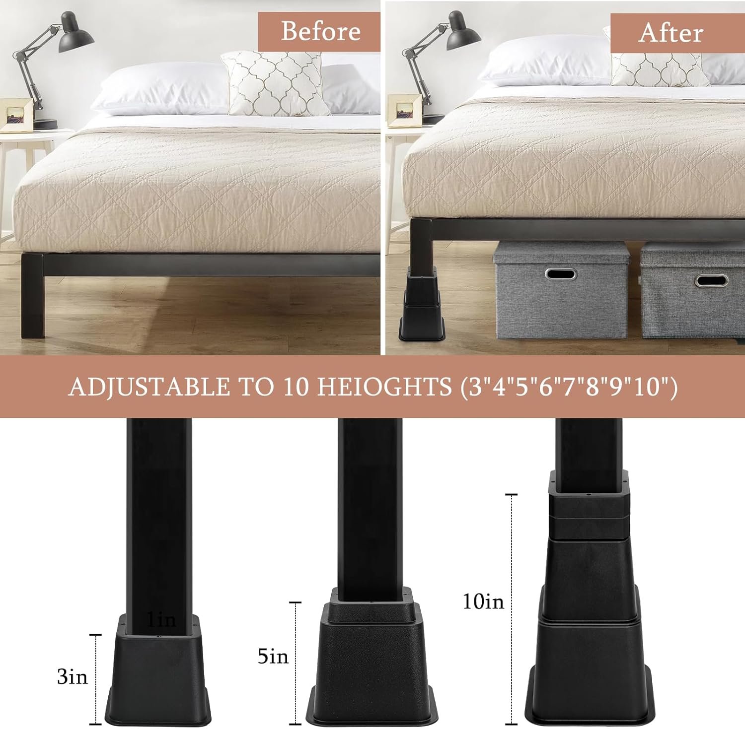 16-Piece Heavy-Duty Adjustable Bed Risers - Elevate Furniture Up to 10 Inches (3, 4, 5, 6, 7, 8, 9, or 10 Inch Options) for Couch, Sofa, Table, Chair – Supports Up to 6,000 lbs, Black 3 1728956939 8 16 Piece Heavy Duty Adjustable Bed Risers Elevate Furniture Up to