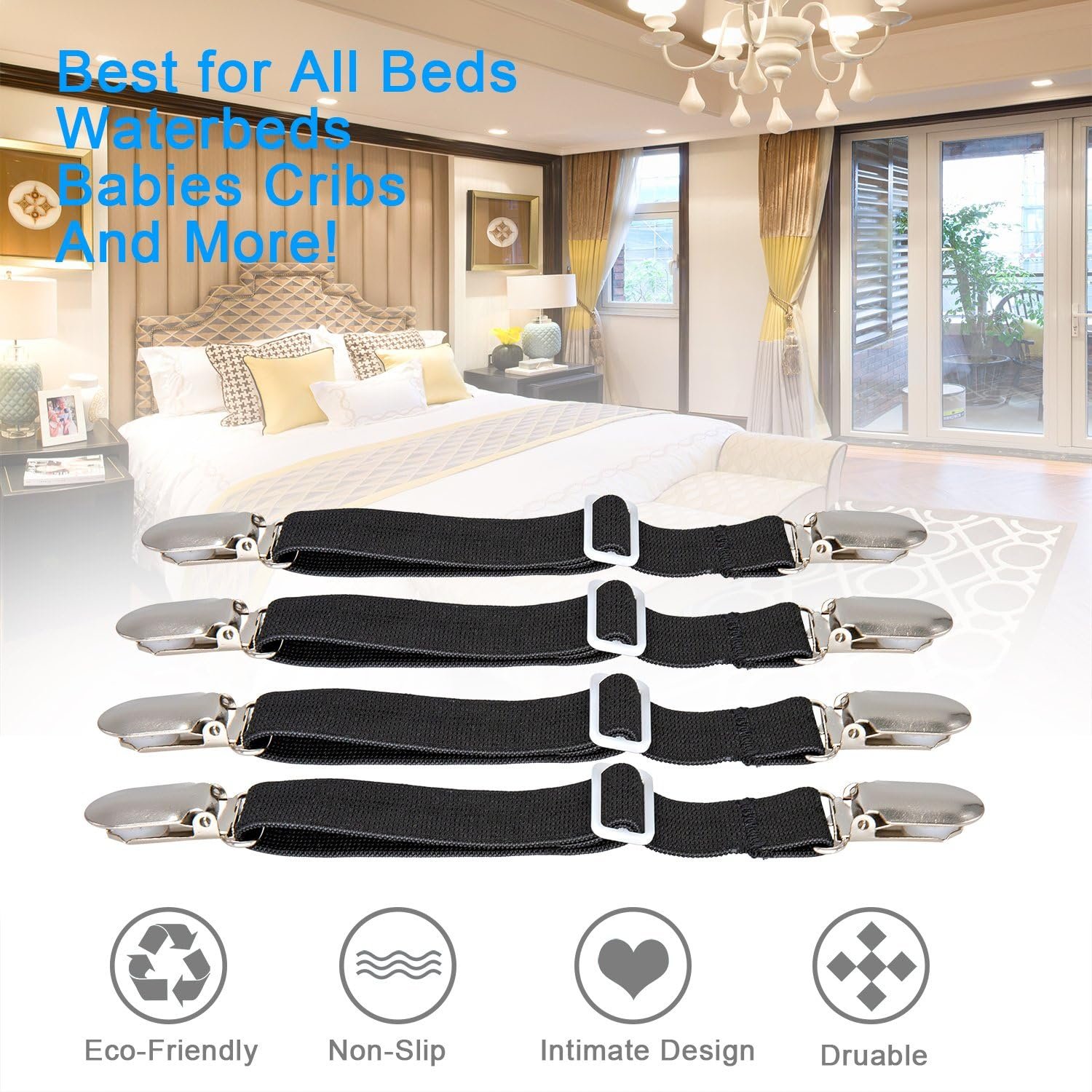 1729033460 270 BetyBedy 4 Pack Adjustable Bed Sheet Fasteners Elastic Strap Clips