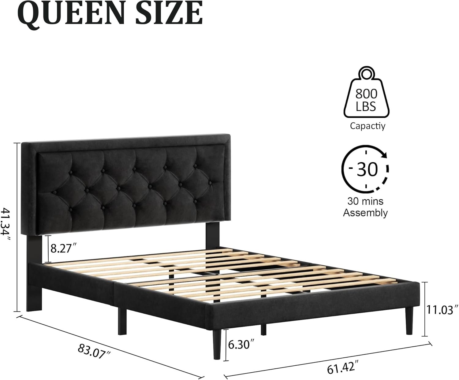 1729157632 101 Black Queen Size Platform Bed Frame with Upholstered Velvet Button Tufted