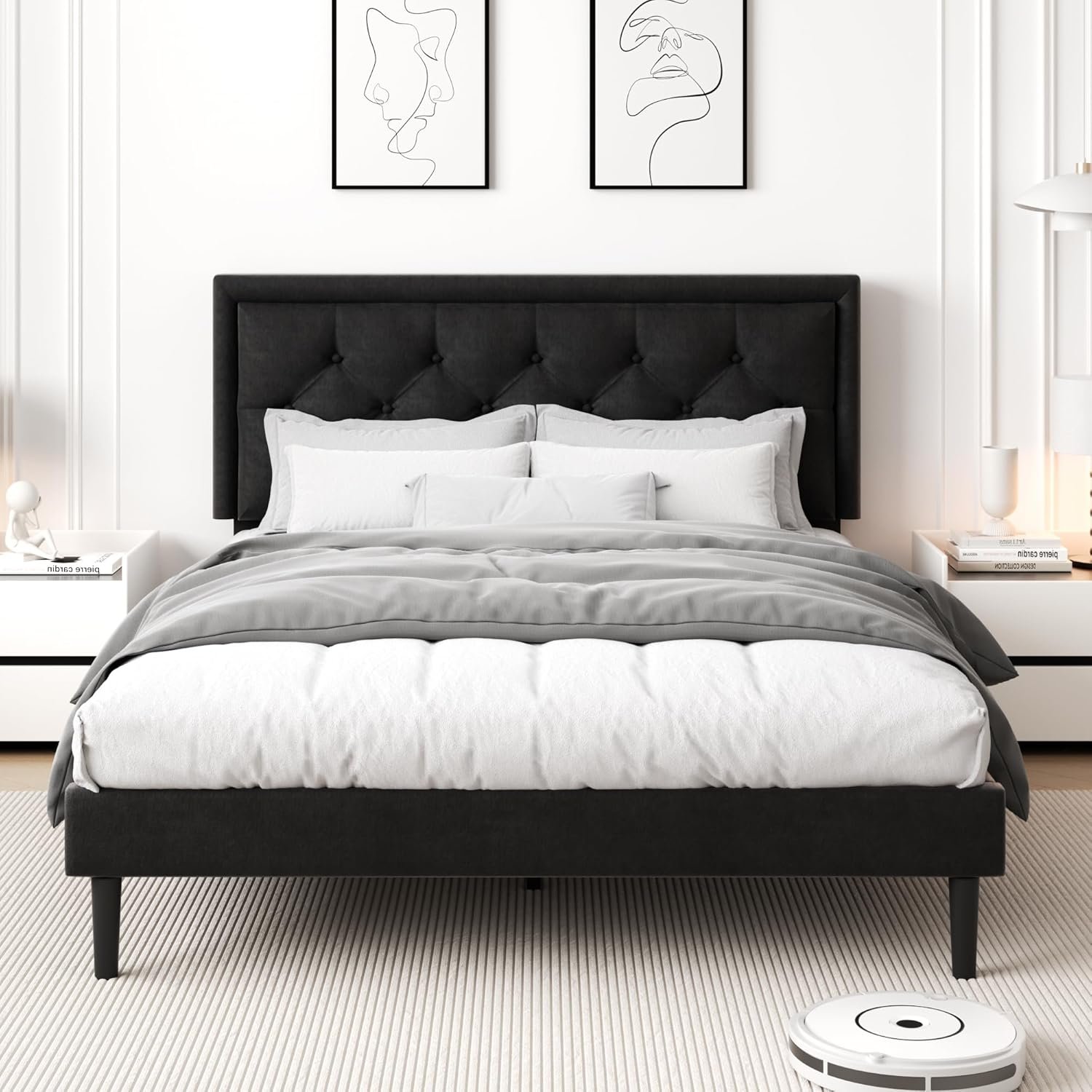 1729157632 722 Black Queen Size Platform Bed Frame with Upholstered Velvet Button Tufted