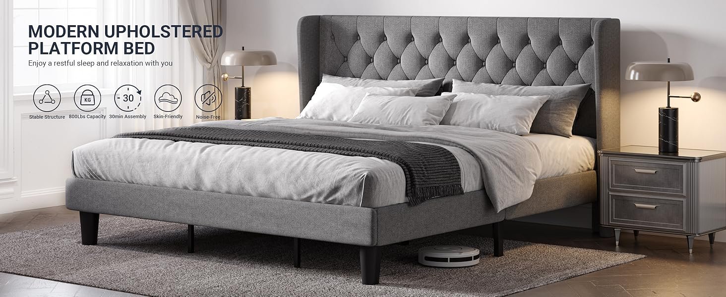 MODERN UPHOLSTERED PLATFORM BED Stable Structure 30min Assembly Skin-Friendly Noise-Free