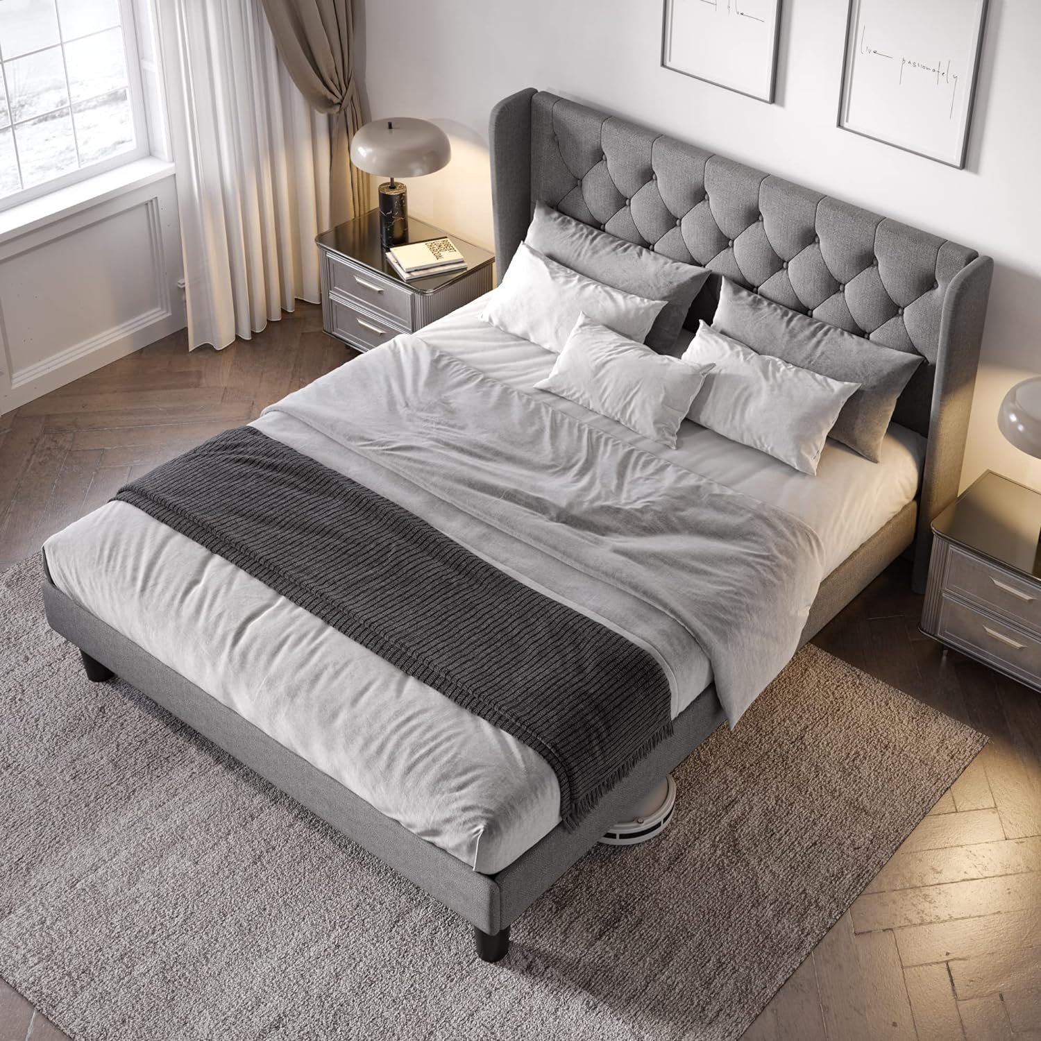 1729165759 590 Allewie Modern Queen Size Bed Frame with Button Tufted Wingback Headboard