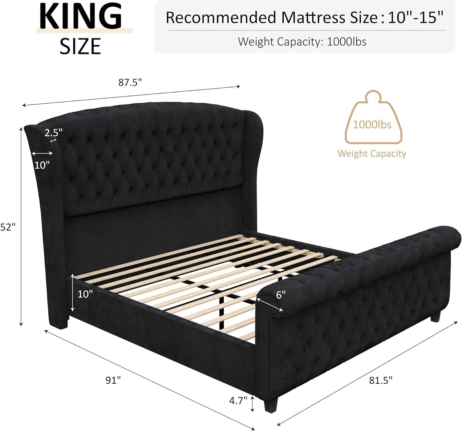 1729173281 392 AMERLIFE King Size Velvet Upholstered Platform Bed Frame Sleigh