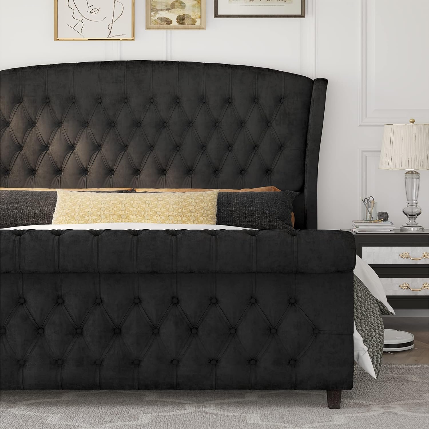 1729173281 500 AMERLIFE King Size Velvet Upholstered Platform Bed Frame Sleigh