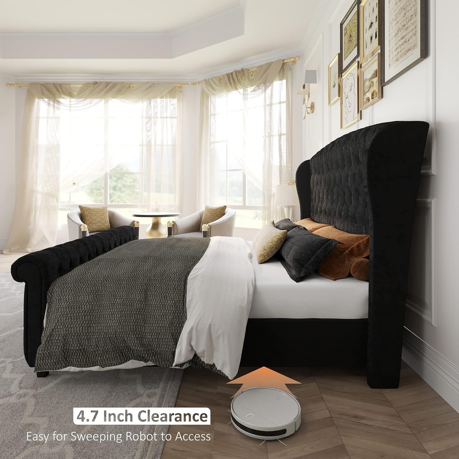 1729173282 734 AMERLIFE King Size Velvet Upholstered Platform Bed Frame Sleigh