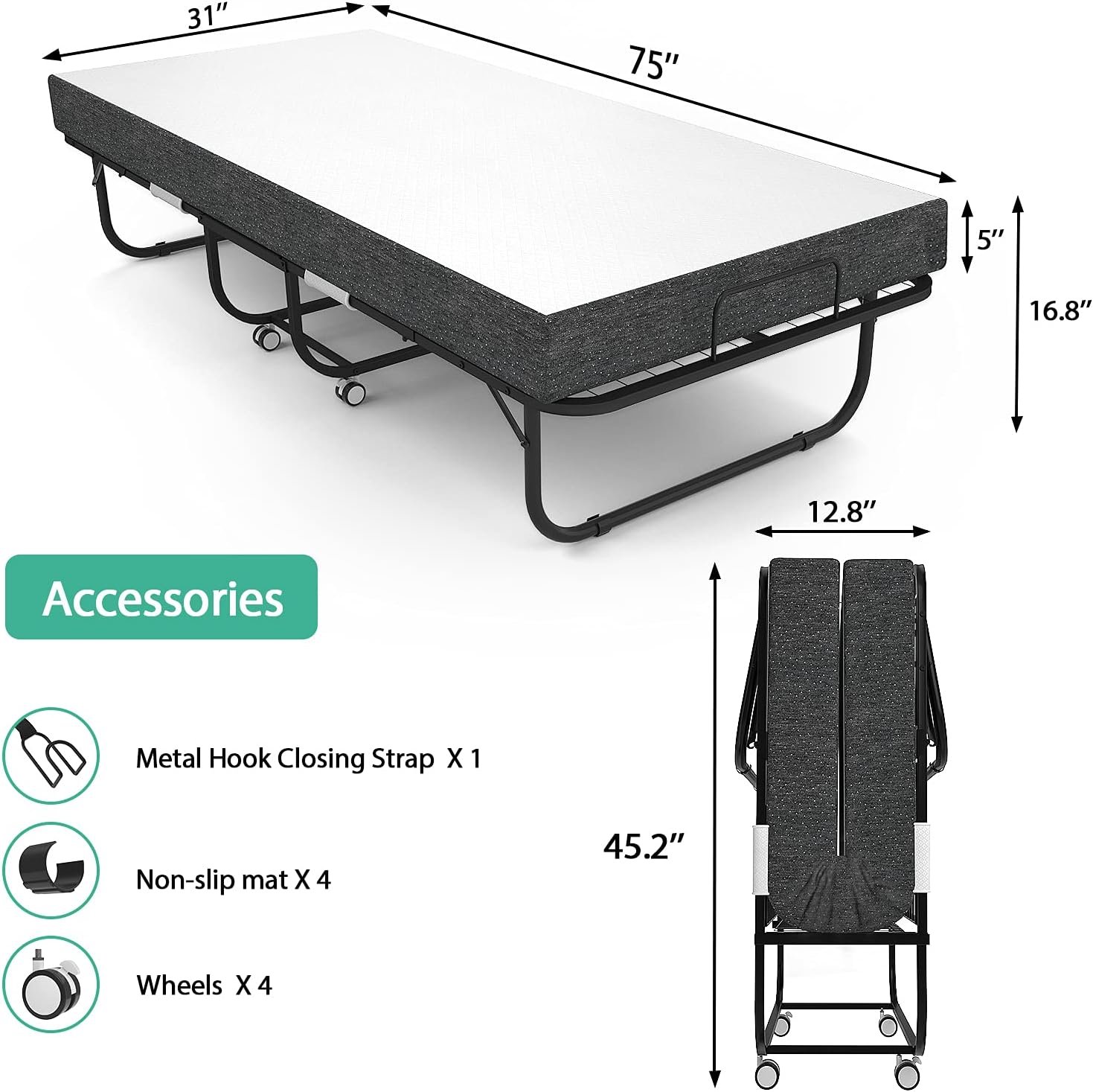 1729180547 986 Foxemart Portable Folding Bed with Luxurious 5 Inch Memory Foam Mattress