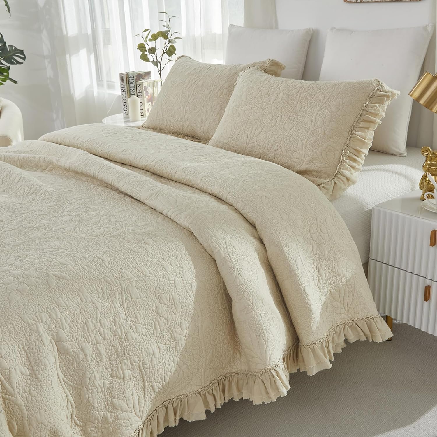 1729195262 205 Brandream King Size Cotton Quilt Set Beige Luxury Matelasse