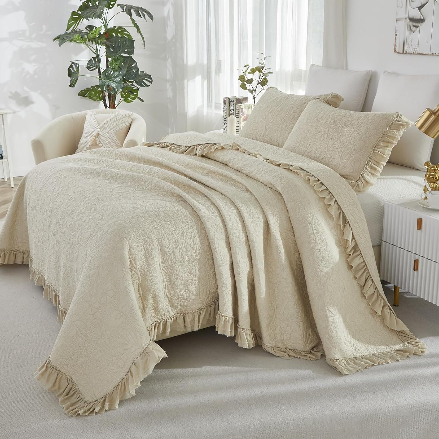 1729195262 280 Brandream King Size Cotton Quilt Set Beige Luxury Matelasse