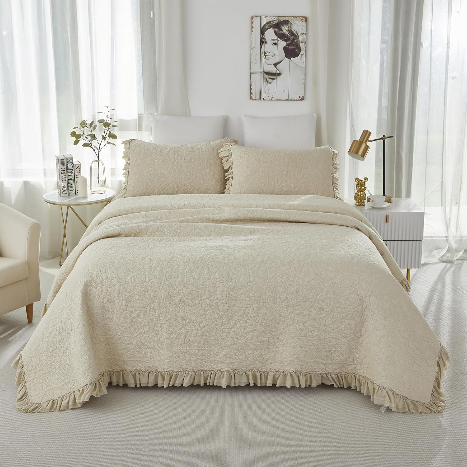 1729195262 415 Brandream King Size Cotton Quilt Set Beige Luxury Matelasse