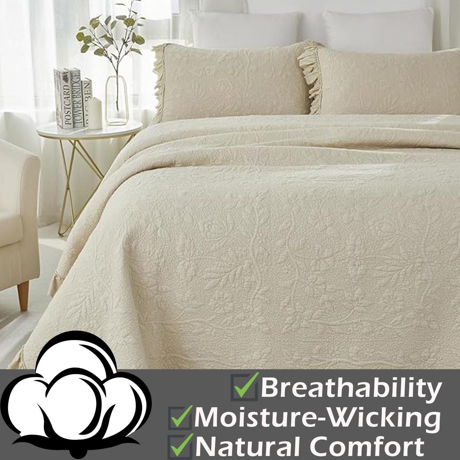 1729195262 734 Brandream King Size Cotton Quilt Set Beige Luxury Matelasse