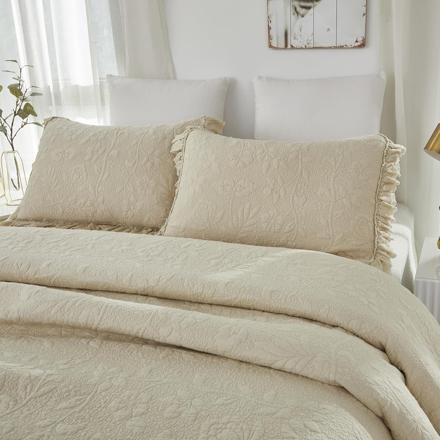 1729195262 897 Brandream King Size Cotton Quilt Set Beige Luxury Matelasse