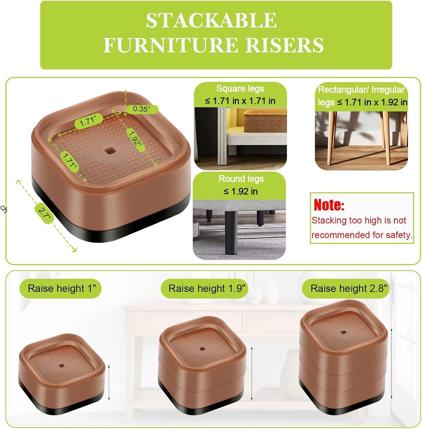 1729321787 83 Adjustable 6 Pack Heavy Duty Furniture Risers 1 Inch Square Bed Desk