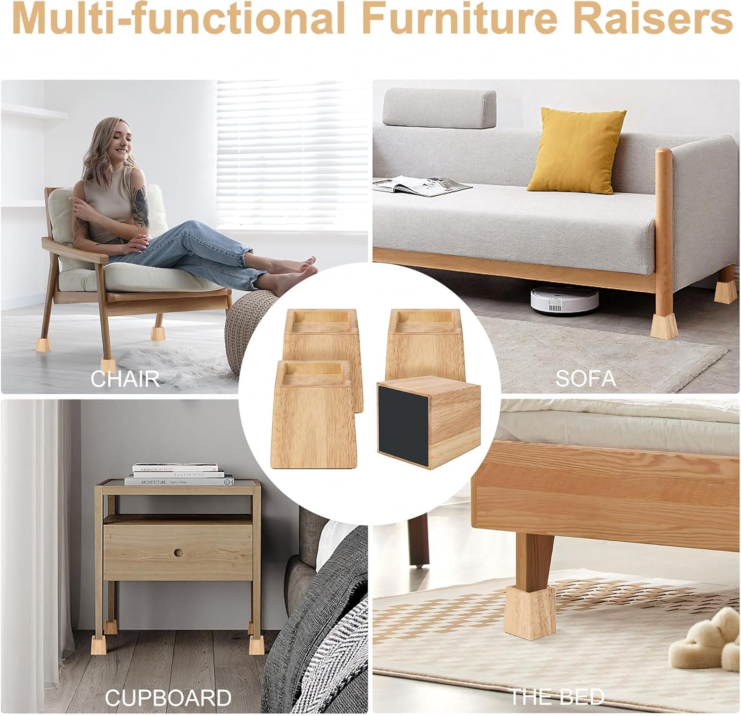 Heavy-Duty Wood Bed Risers – Supports Up to 2200 lbs, 4-Pack Furniture Leg Height Extenders for Dorms, Sofas, Couches, Desks, Chairs, and Tables, Original Design, 3.5" Height (Inner 3" Height) 5 1729360540 676 Heavy Duty Wood Bed Risers – Supports Up to 2200 lbs