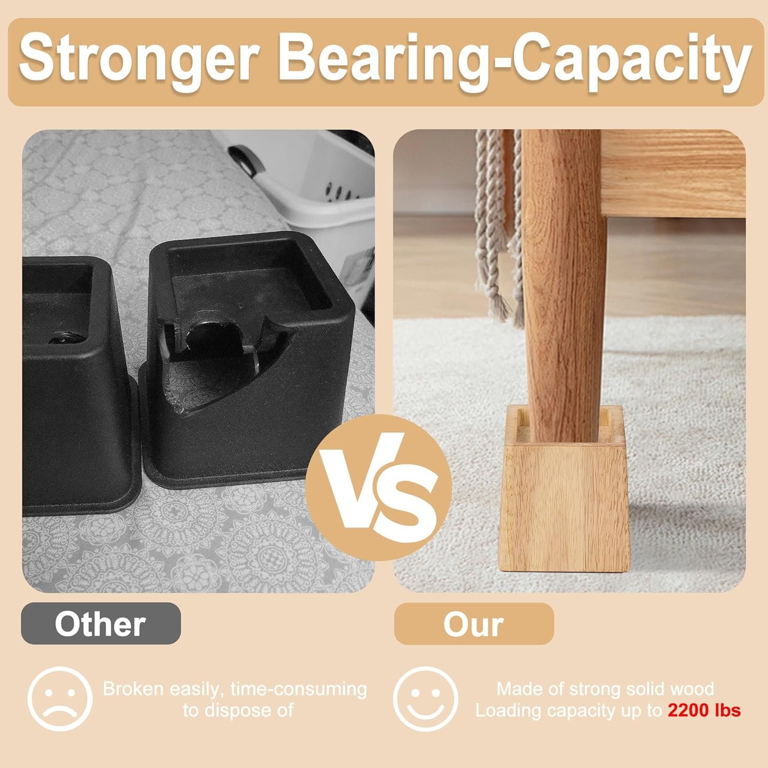 Heavy-Duty Wood Bed Risers – Supports Up to 2200 lbs, 4-Pack Furniture Leg Height Extenders for Dorms, Sofas, Couches, Desks, Chairs, and Tables, Original Design, 3.5" Height (Inner 3" Height) 2 1729360540 763 Heavy Duty Wood Bed Risers – Supports Up to 2200 lbs