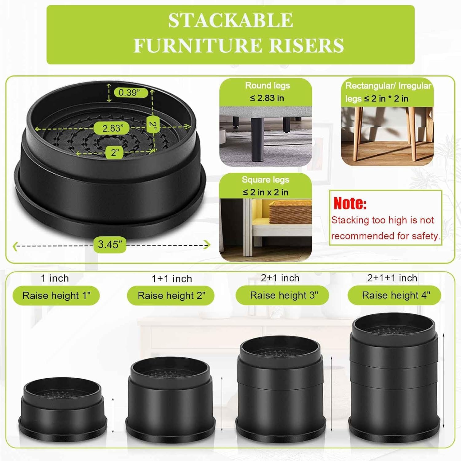 1729390192 39 Adjustable 6 Pack Furniture Risers 1 Inch Heavy Duty Bed Risers