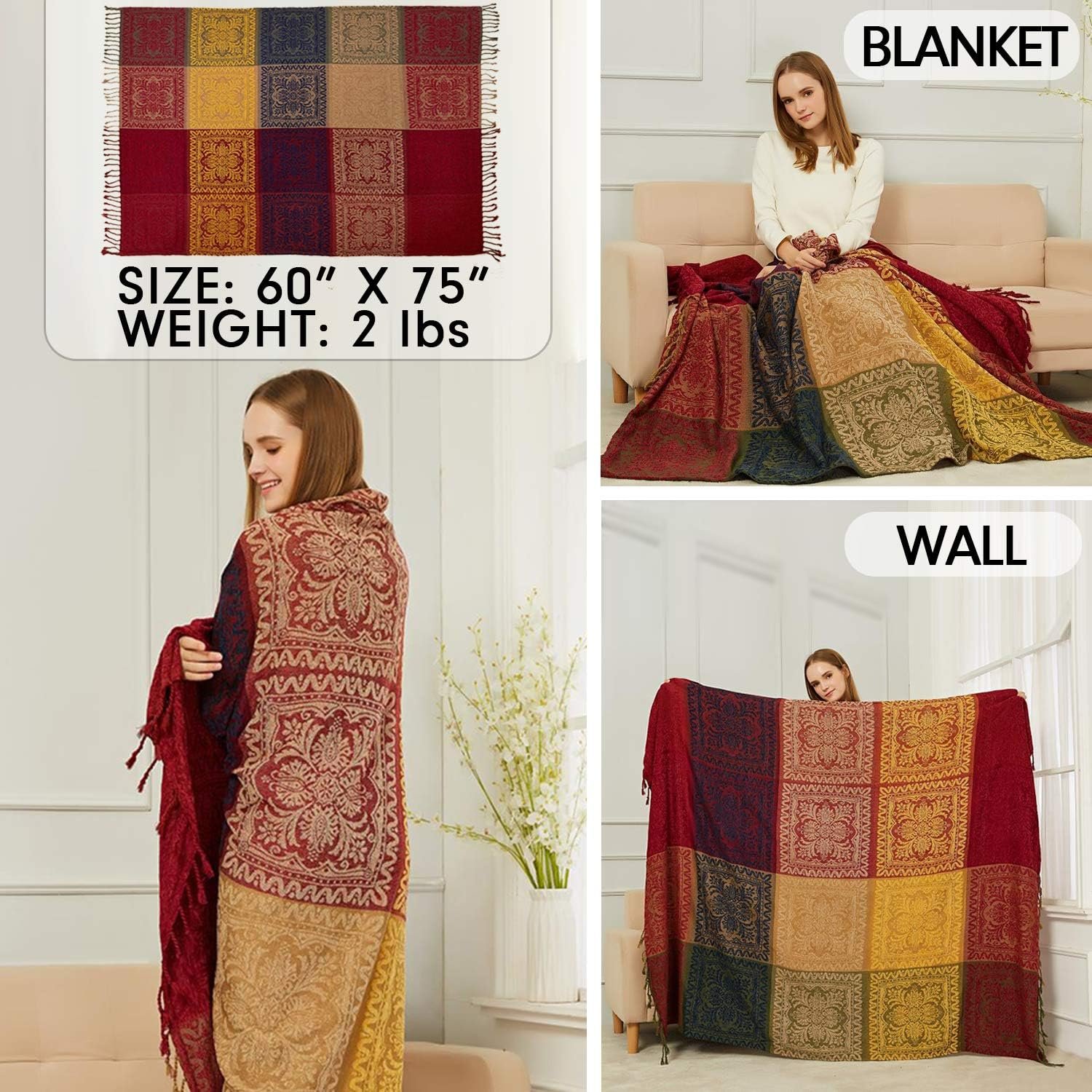 MayNest Reversible Bohemian Tribal Throw Blanket - Colorful Red and Blue Chenille Jacquard Fabric for Couch, Sofa, Recliner, and Loveseat (Oversized, 75x60) 3 1729397469 663 MayNest Reversible Bohemian Tribal Throw Blanket Colorful Red and
