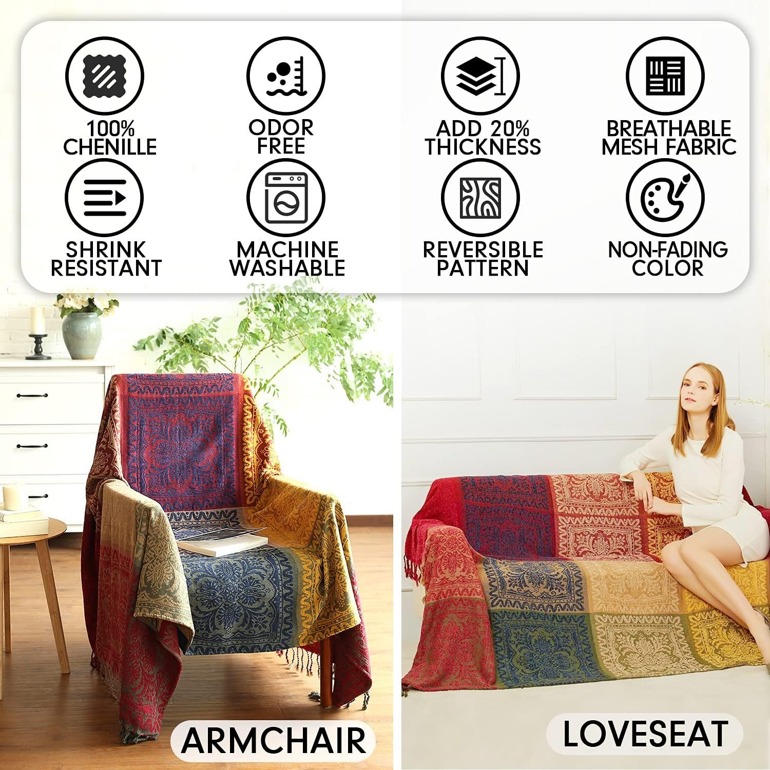 MayNest Reversible Bohemian Tribal Throw Blanket - Colorful Red and Blue Chenille Jacquard Fabric for Couch, Sofa, Recliner, and Loveseat (Oversized, 75x60) 2 1729397469 942 MayNest Reversible Bohemian Tribal Throw Blanket Colorful Red and