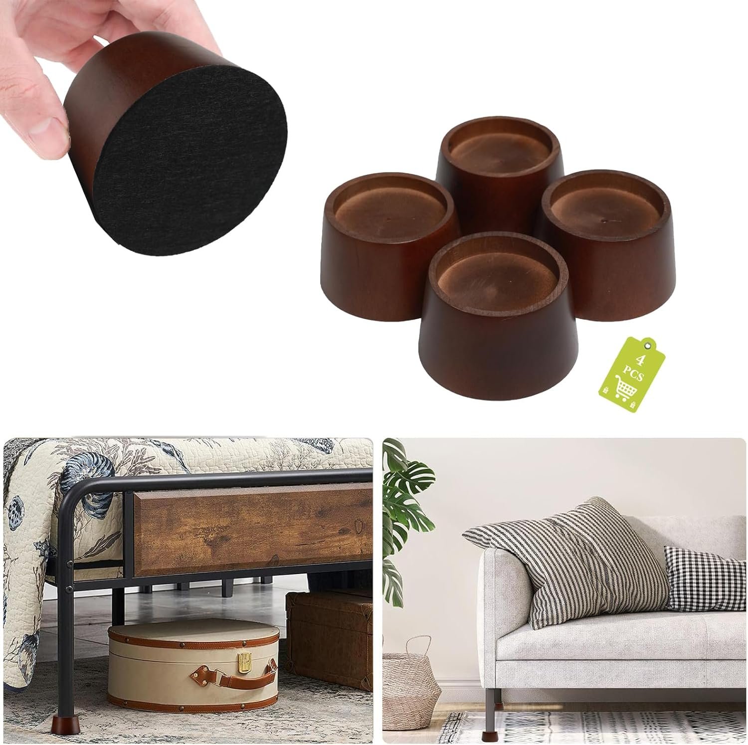 1729412694 780 Set of 4 Heavy Duty 4 Inch Wooden Bed Risers Tapered
