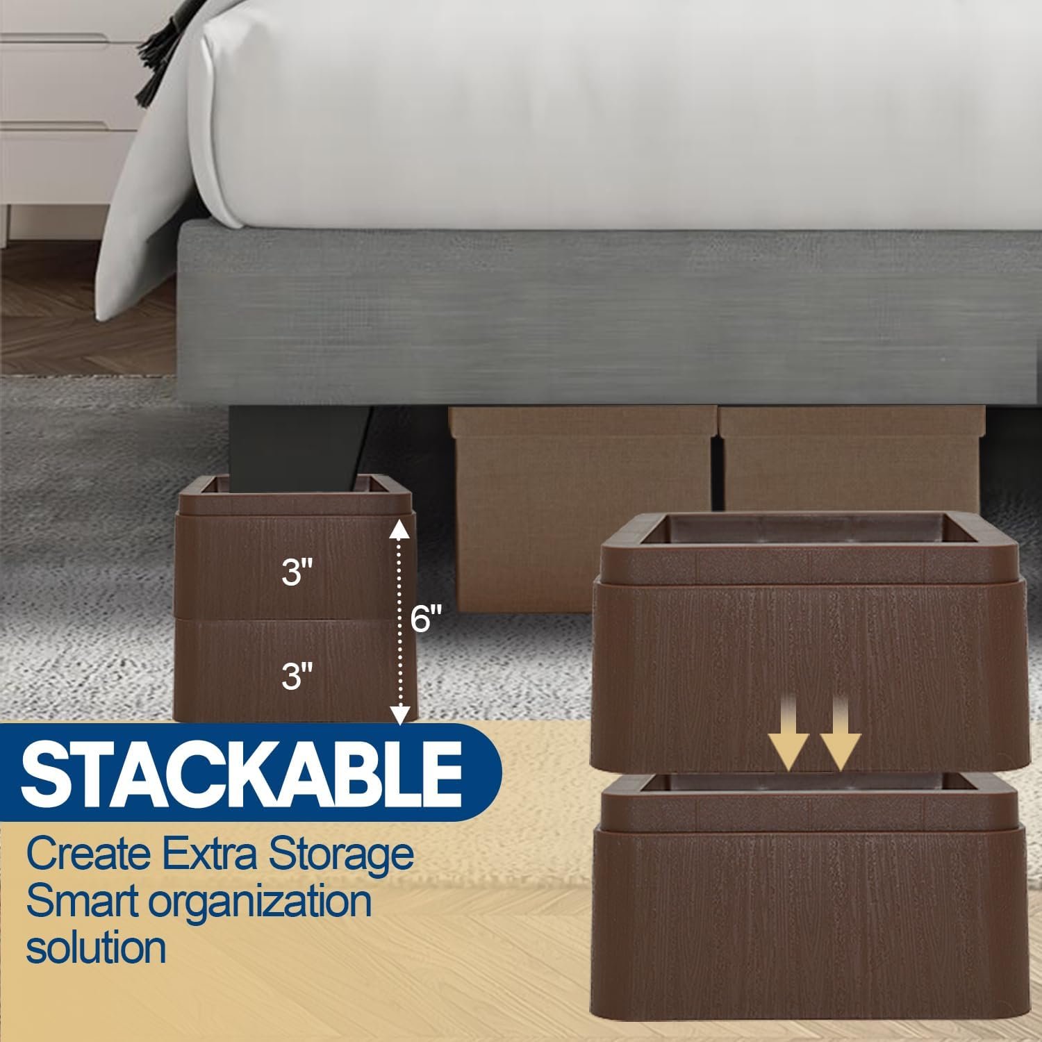 3-Inch Oversized Bed Risers - 8-Pack Stackable Furniture Elevators for 5.5" Wide Beds, Sofas, and Couches - Heavy-Duty Support Blocks, Holds Up to 11,000 lbs - Brown 4 1729517502 488 3 Inch Oversized Bed Risers 8 Pack Stackable Furniture Elevators for