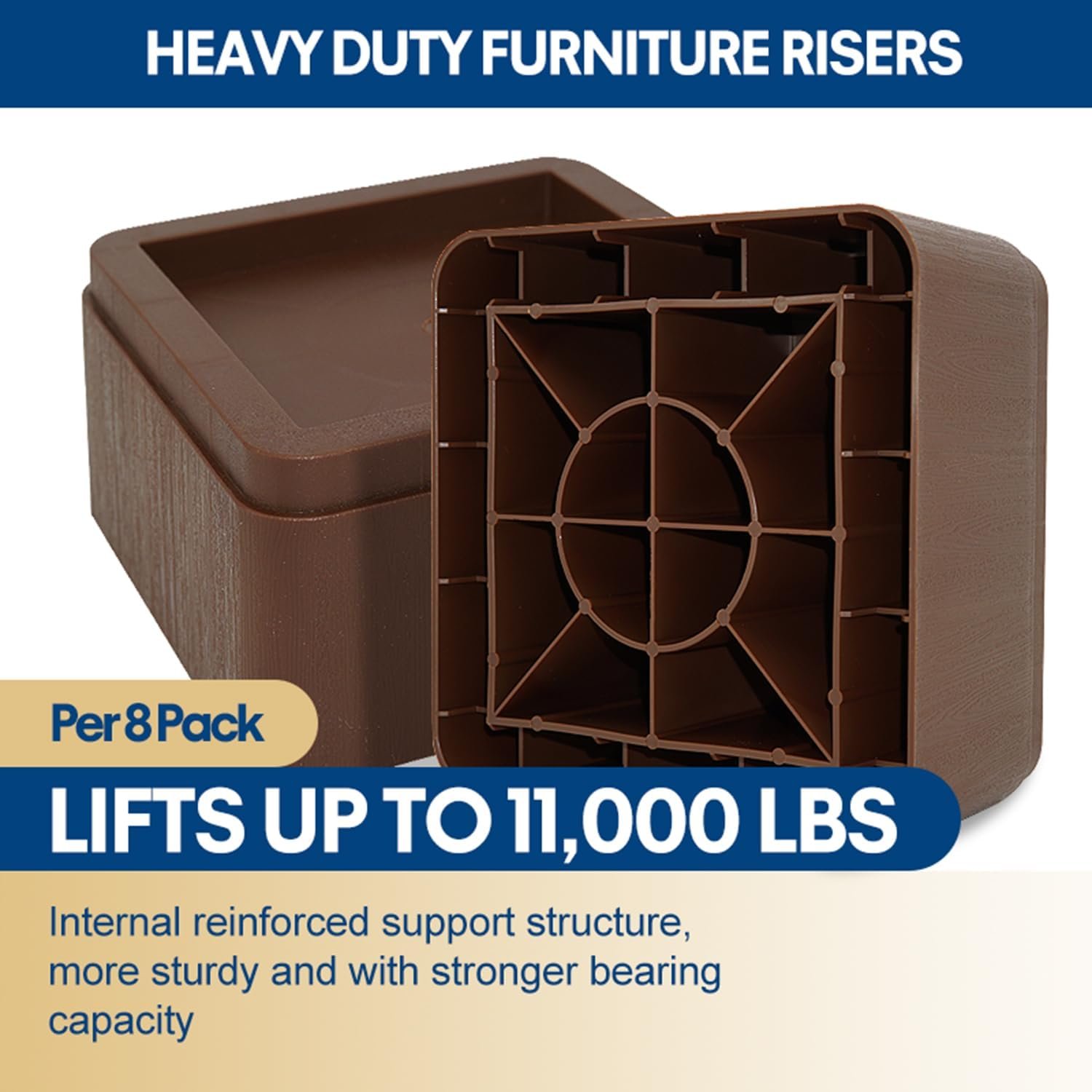 3-Inch Oversized Bed Risers - 8-Pack Stackable Furniture Elevators for 5.5" Wide Beds, Sofas, and Couches - Heavy-Duty Support Blocks, Holds Up to 11,000 lbs - Brown 2 1729517502 637 3 Inch Oversized Bed Risers 8 Pack Stackable Furniture Elevators for